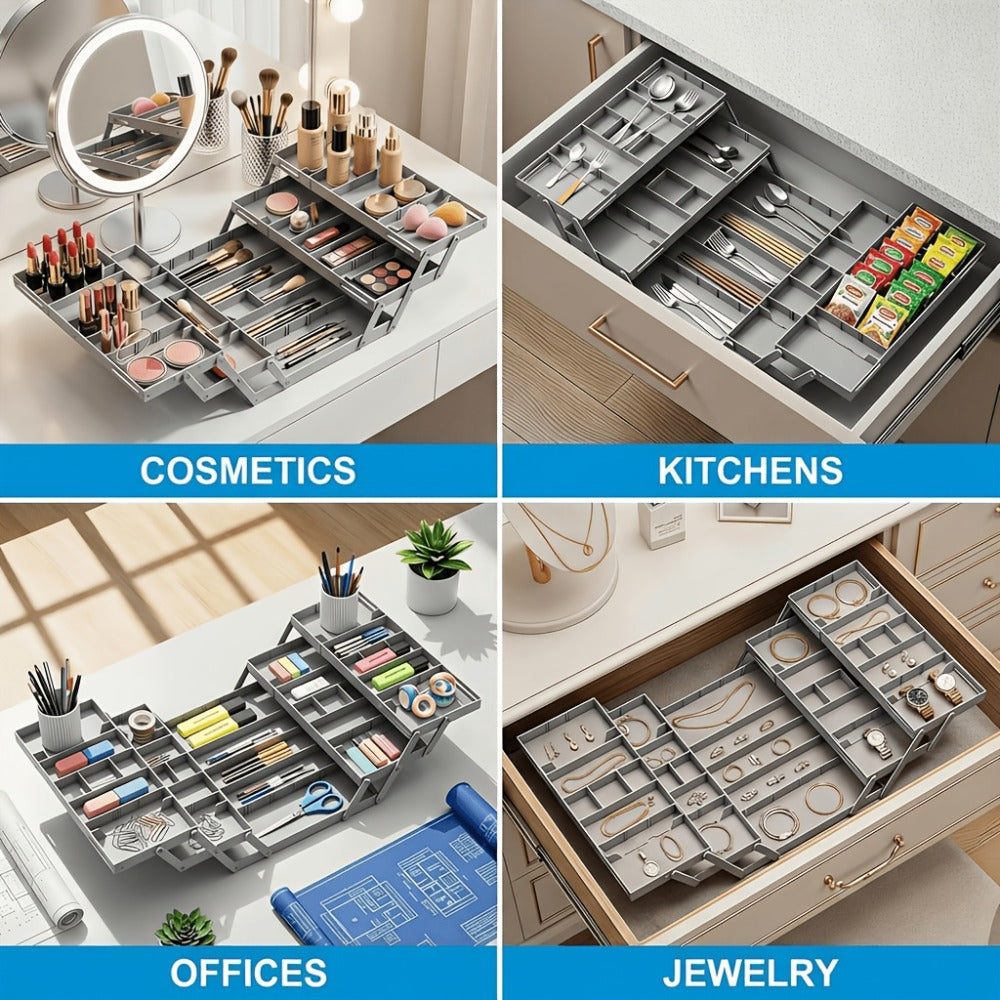 Two-Row Cantilever Drawer Organizer with Two- or Three-Layer Expandable Storage Configurations