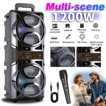 1200W PA Bluetooth Speaker with Wired Microphone & LED Lights, Portable Rechargeable Wireless Speaker