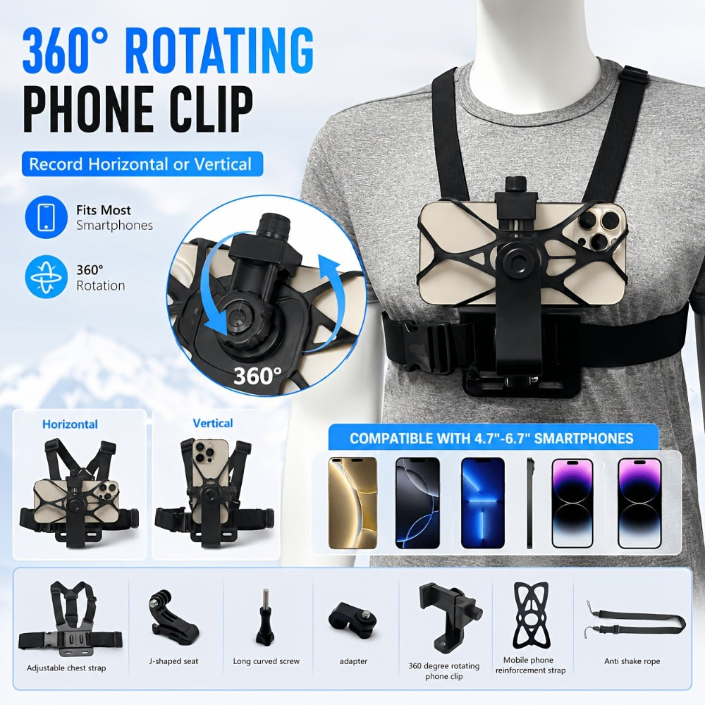 Chest Mount Harness for GoPro Hero 13 12 11 10 9 8 – Adjustable POV Chest Strap for Insta360 X4 X3 DJI Osmo Action 4 3 iPhone Samsung Phone