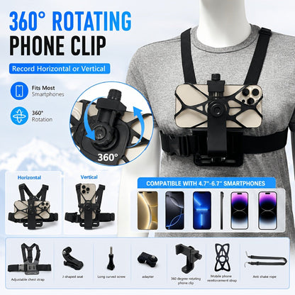 Chest Mount Harness for GoPro Hero 13 12 11 10 9 8 – Adjustable POV Chest Strap for Insta360 X4 X3 DJI Osmo Action 4 3 iPhone Samsung Phone