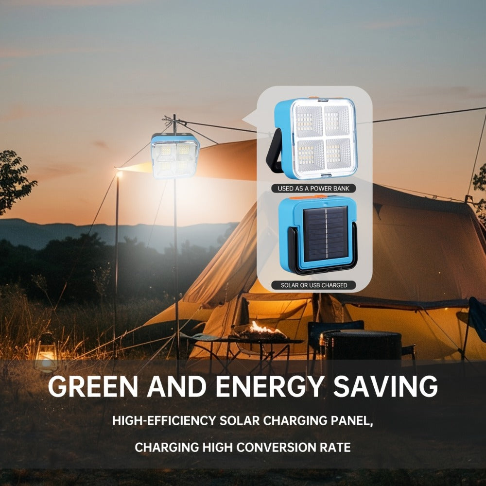 Solar Camping Lantern with Four Adjustable Modes, Solar and USB Charging, Bracket and Hook for Camping, Hiking and Emergencies