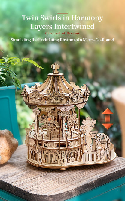 Rotating Merry-Go-Round Wooden Puzzle Kit, Mechanical Carousel 3D Model for Adults & Teens, DIY Kinetic Display Piece