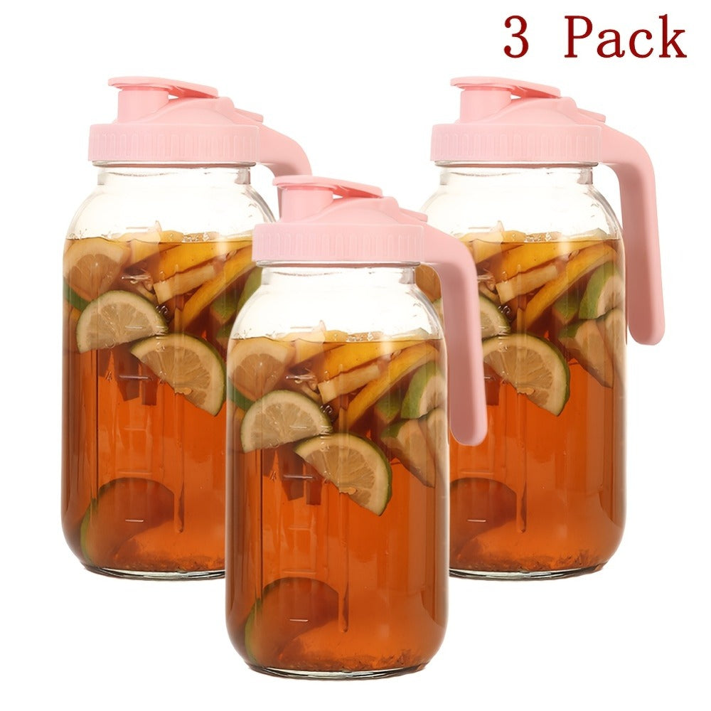64oz Mason Jar with Handle and Lid 2/3 Pack, Borosilicate Glass Beverage Carafe, Leak-Proof Drinking Jar for Juice