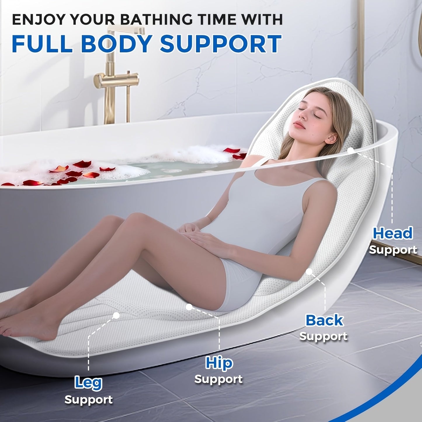 White Full-Body Bathtub Cushion in 52 × 16-Inch Size with 5D Air Mesh and Suction-Cup Backing