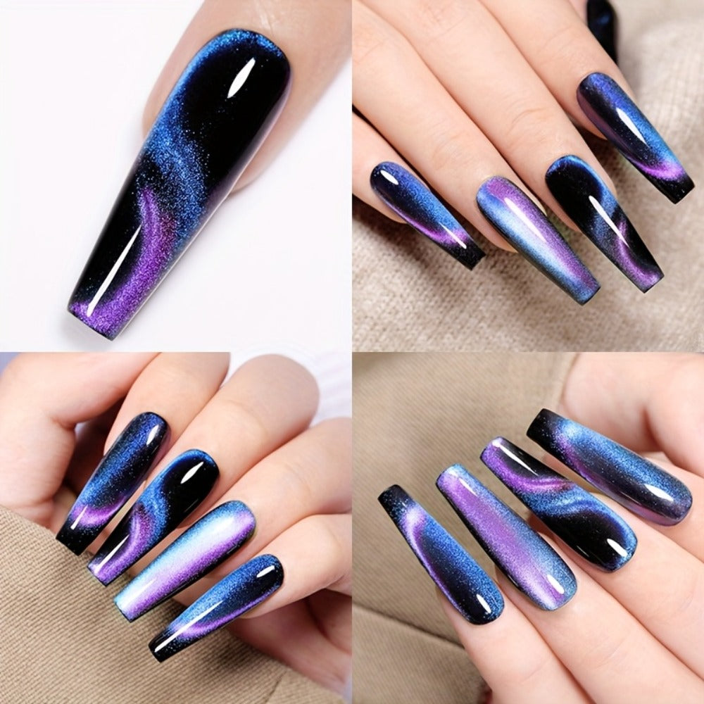 Gel Nail Polish 8-Piece Aurora Magnetic Cat-Eye Set with Black-Crystal Glitter and 3D Light-Shifting Finish for UV/LED Cure