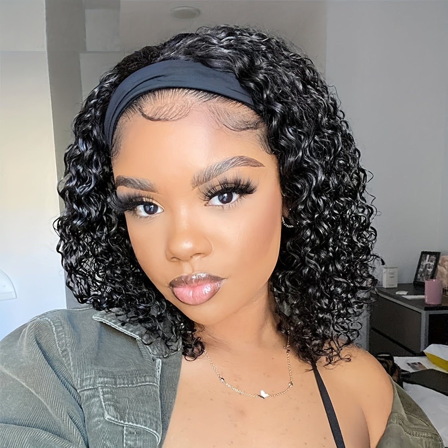 Headband Wig Human Hair Short Curly Pixie 14 Inch No Glue No Lace Glueless Wear and Go Natural, for Home, Travel and Salon Hair Styling