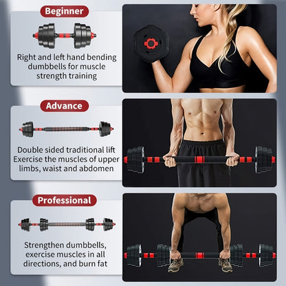 44-Pound Adjustable Dumbbell and Barbell Set with Black Round Plates, Connecting Rod and Double Lock Nuts