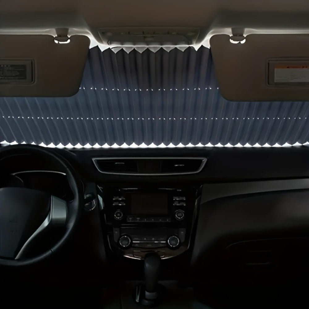Retractable Windshield Sunshade Aluminum | Auto Fold UV Resistant Heat Insulation, Buckle Stick Install, Front Window Sun Shade Curtain
