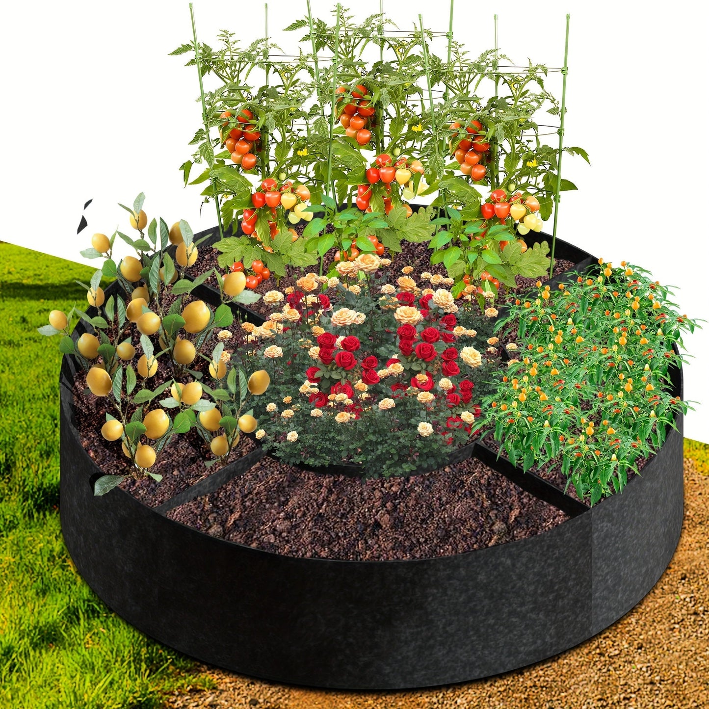 Round Divided Fabric Raised Grow Bed with Handles in 24-, 36-, 48- or 60-Inch Diameter Options