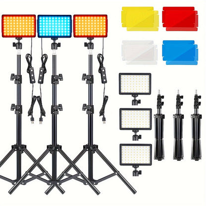 LED Video Fill Light Panel Kit with Tripod Stand & RGB Filters, Dimmable 5600K Studio Light for Vlogging