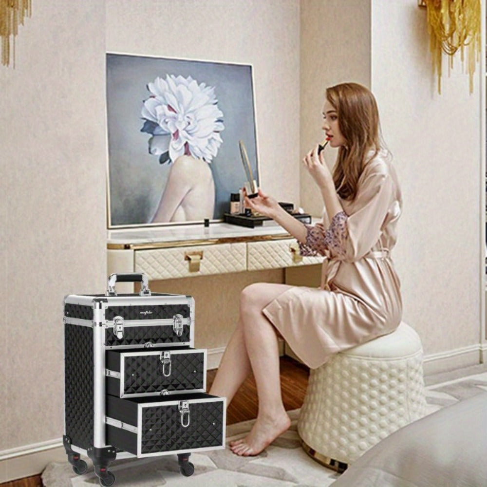 Black Rolling Makeup Train Case with Four Wheels, Telescoping Handle, Three Top Trays and Two Drawers