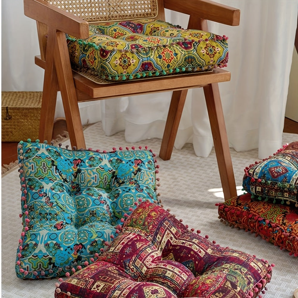 Meditation Floor Cushion Thick Soft Bohemian Moroccan Design Linen Cover Round Pad for Living Room Bedroom Office Yoga Mindfulness Boho Home