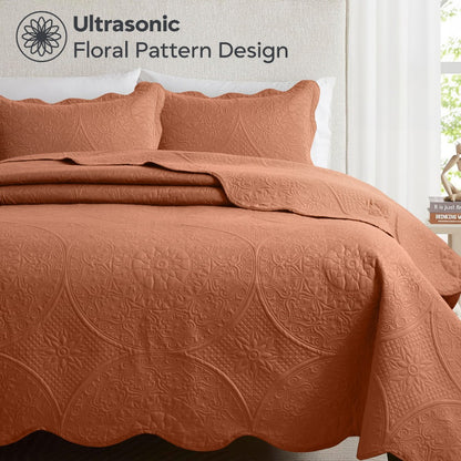 Floral-Pattern Three-Piece Bedspread Set in 16 Colors with Twin, Queen, King and California King Sizes