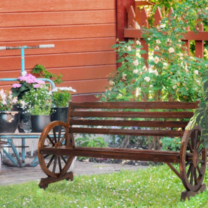 Outdoor Wooden Wheel Bench 3-Person Wagon Slatted Seat Weatherproof Porch Garden