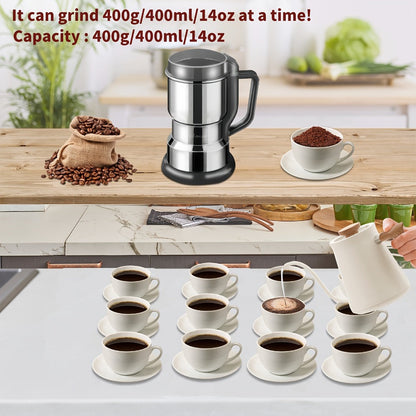 Coffee Bean Grinder 300W 8-Blade Stainless Steel 400g 14oz Large Up to 36 Cups 10-Second for Entryways, Bedrooms and Living Spaces