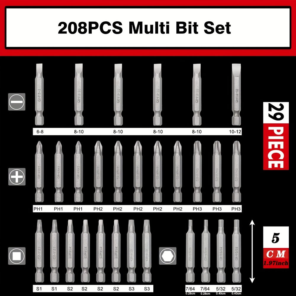 208-Piece Screwdriver Bit Set Impact Driver Kit – S2 Steel Torx Phillips Square Hex Nut Driver with Toolbox for Drill Power Tool DIY Auto