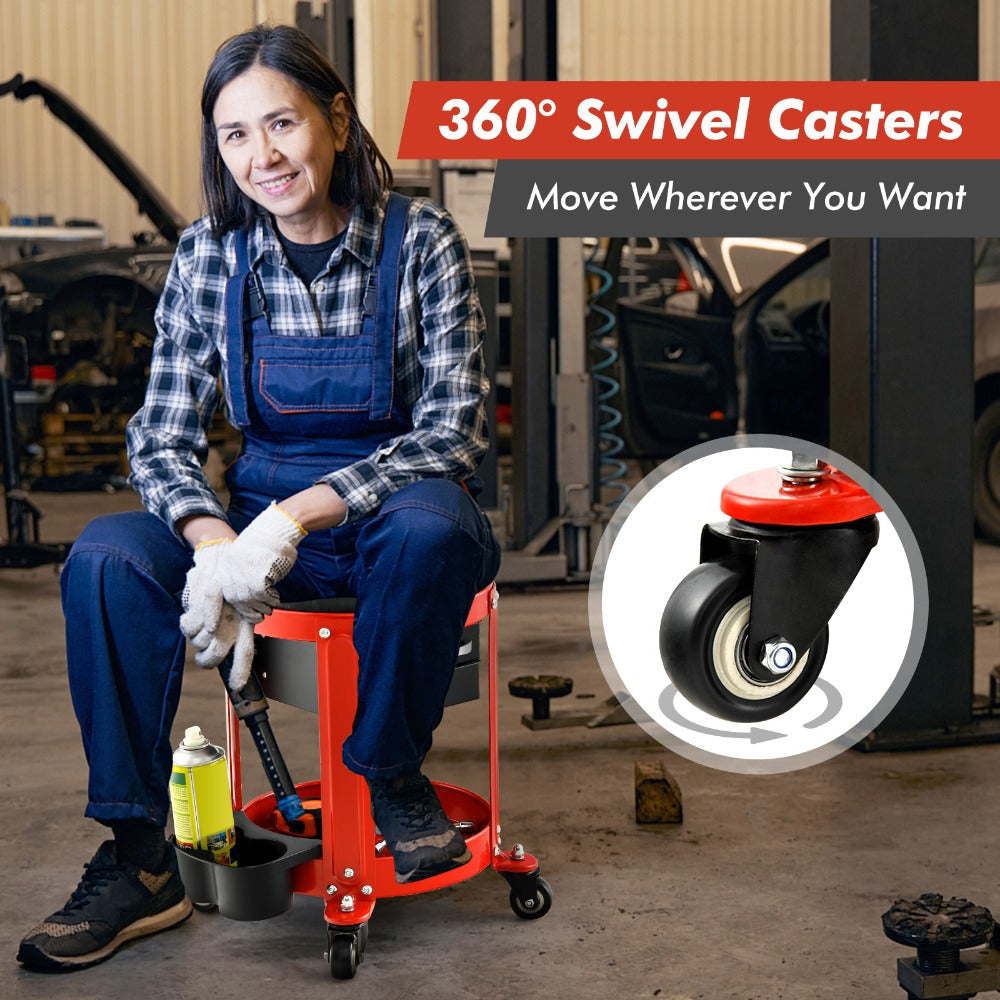Rolling Workshop Stool with Drawers – 330 lb Mechanic Seat with 2 Storage Drawers, Cup Holders, Tool Tray
