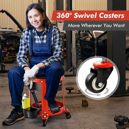 Rolling Workshop Stool with Drawers – 330 lb Mechanic Seat with 2 Storage Drawers, Cup Holders, Tool Tray