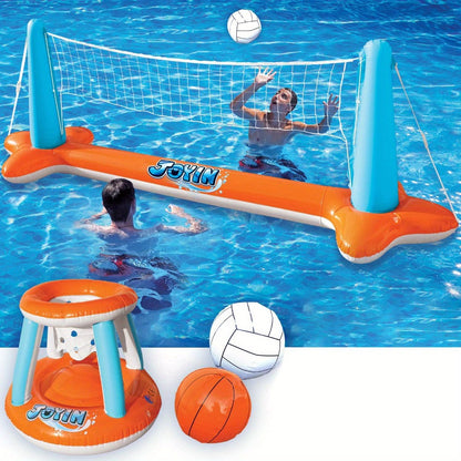 Inflatable Pool Game Set for Kids & Adults, Volleyball Net Court & Basketball Hoops with Balls
