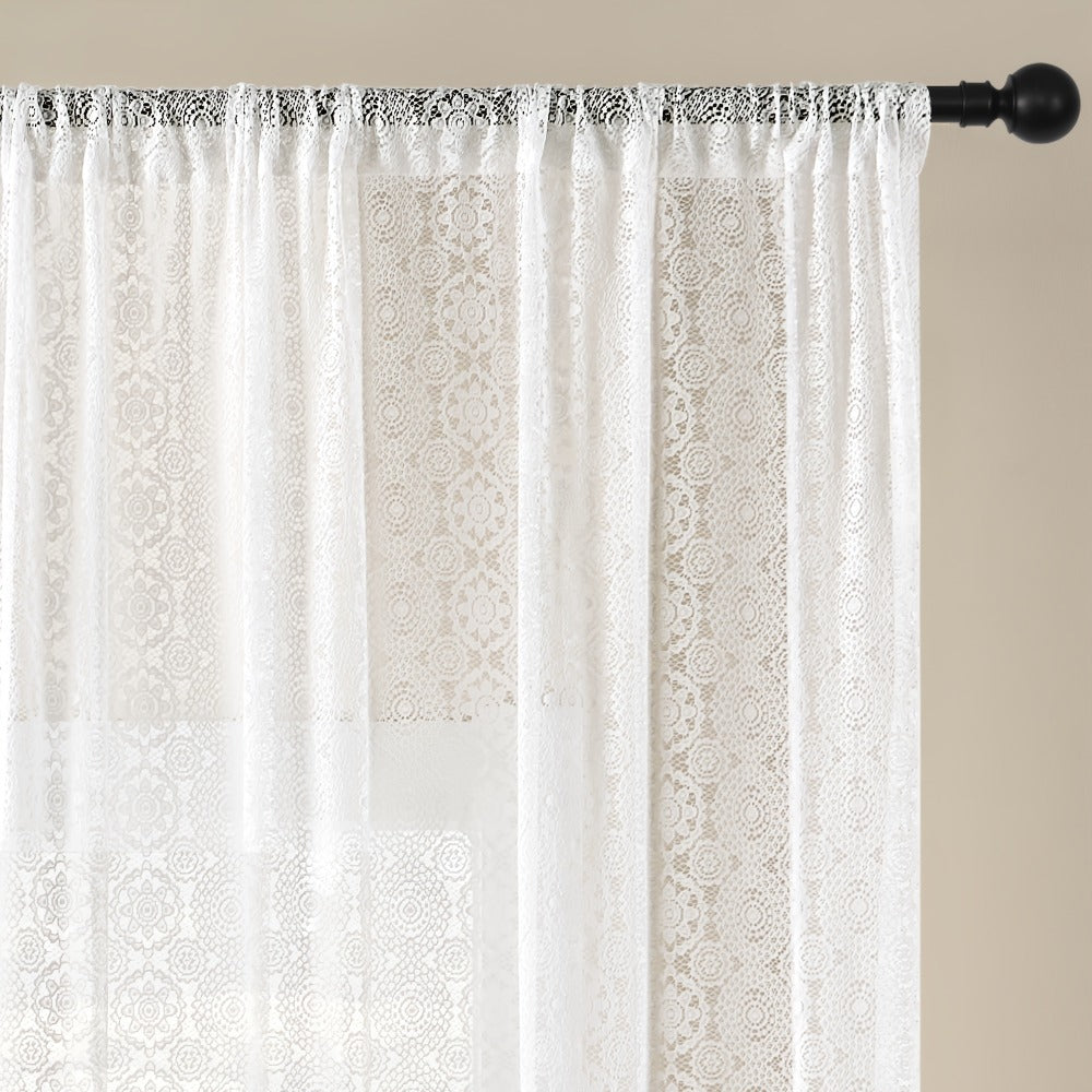 White French-Style Lace Sheer Curtain Panel with Rod-Pocket Header and Three Length Options