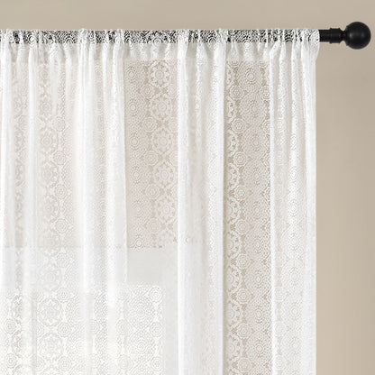 White French-Style Lace Sheer Curtain Panel with Rod-Pocket Header and Three Length Options