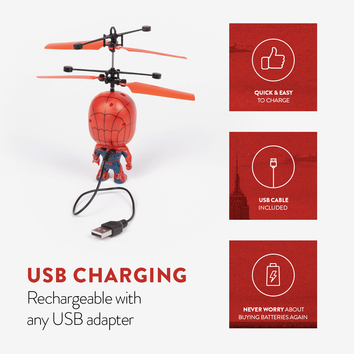 Marvel Spider-Man Flying Figure IR Helicopter Toy 3.5 Inch, Remote Control Infrared Superhero Copter for Kids Boys