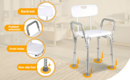 Shower Chair with Armrests & Backrest, Height Adjustable Aluminum Bath Seat, Rubber Feet, Cushioned Support for Elderly