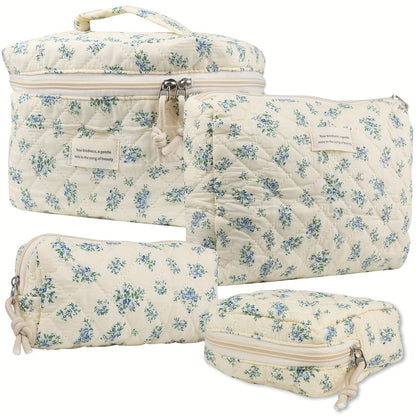 Makeup Bag Four-Piece Quilted Cotton Floral Pouch Set in Five Styles for Travel, Vanity and Everyday Beauty Storage