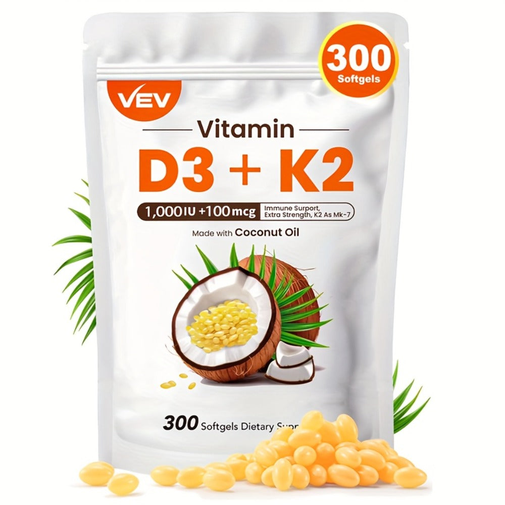 Bone Health Supplement Vitamin D3 1000 IU K2 MK-7 100mcg, 300 Softgels with Coconut Oil for Calcium Absorption