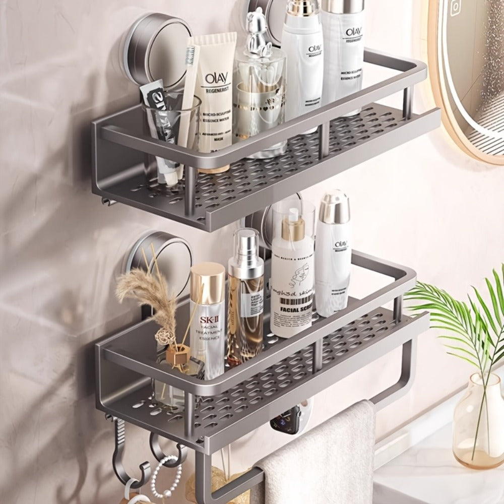 Shower Caddy Shelf Wall Mounted Suction Cup Rustproof Floating Bathroom Organizer Rack with Towel Hook for Shampoo Soap Accessories Space