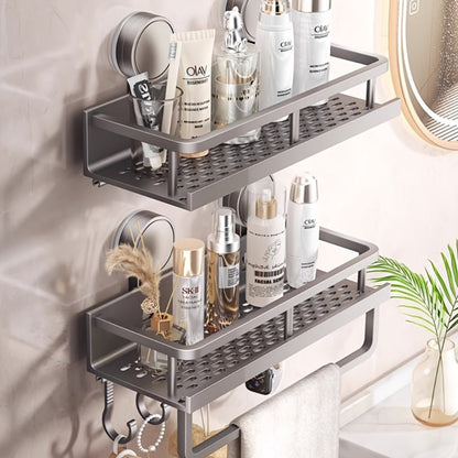 Shower Caddy Shelf Wall Mounted Suction Cup Rustproof Floating Bathroom Organizer Rack with Towel Hook for Shampoo Soap Accessories Space