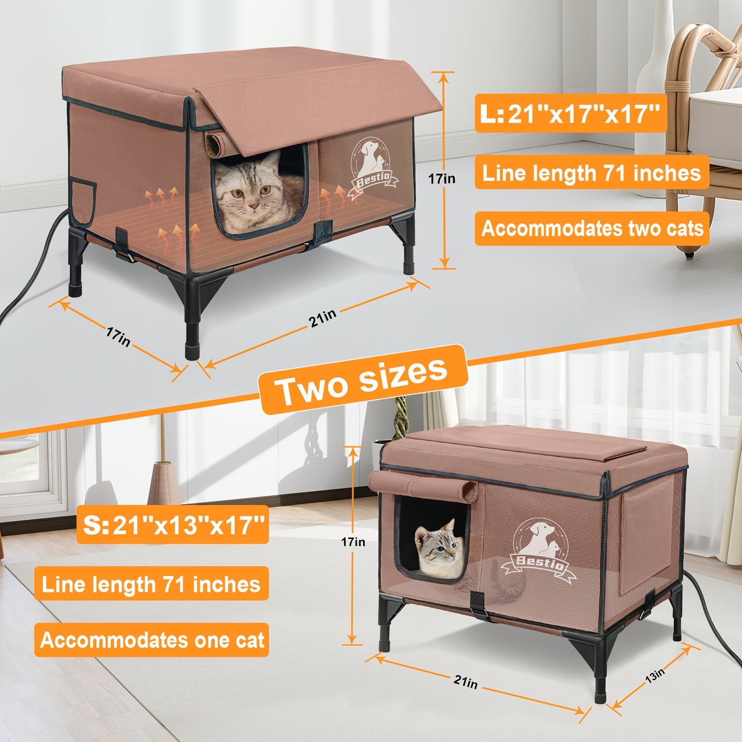 Heated Cat House 3-in-1 with Removable Warming Pad, Elevated Cat Bed for Indoor & Outdoor Cats, Chew-Resistant Cord, Double Door Cat Cave