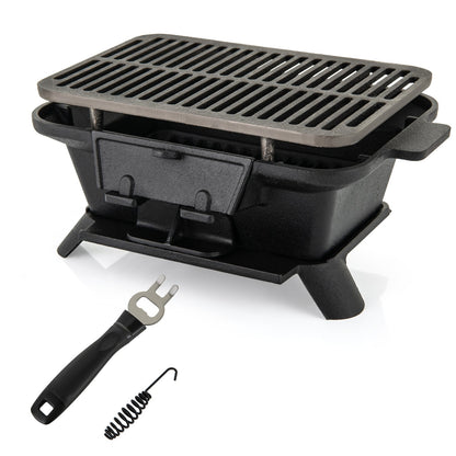 Cast Iron Charcoal Grill Portable Hibachi Tabletop BBQ Grill 16x11in Double-Sided Grate for Grilling, Camping and Outdoor Meals