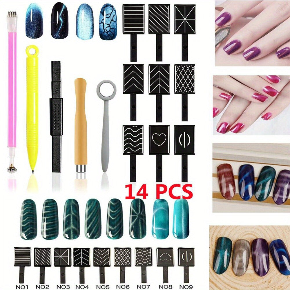 Cat Eye Gel Polish Kit 14Pcs Magnetic UV Nail Polish Set with Magnet Pen, 3D Shimmer Cat Eye Nail Art