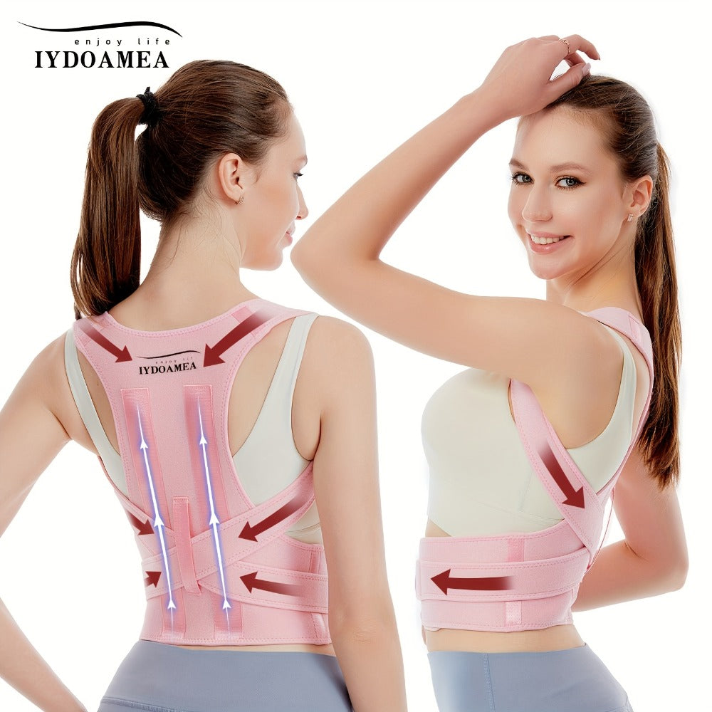 Pink Adjustable Posture Brace with Crossed Waist Straps and Five Labeled Fit Options from S to 3XL