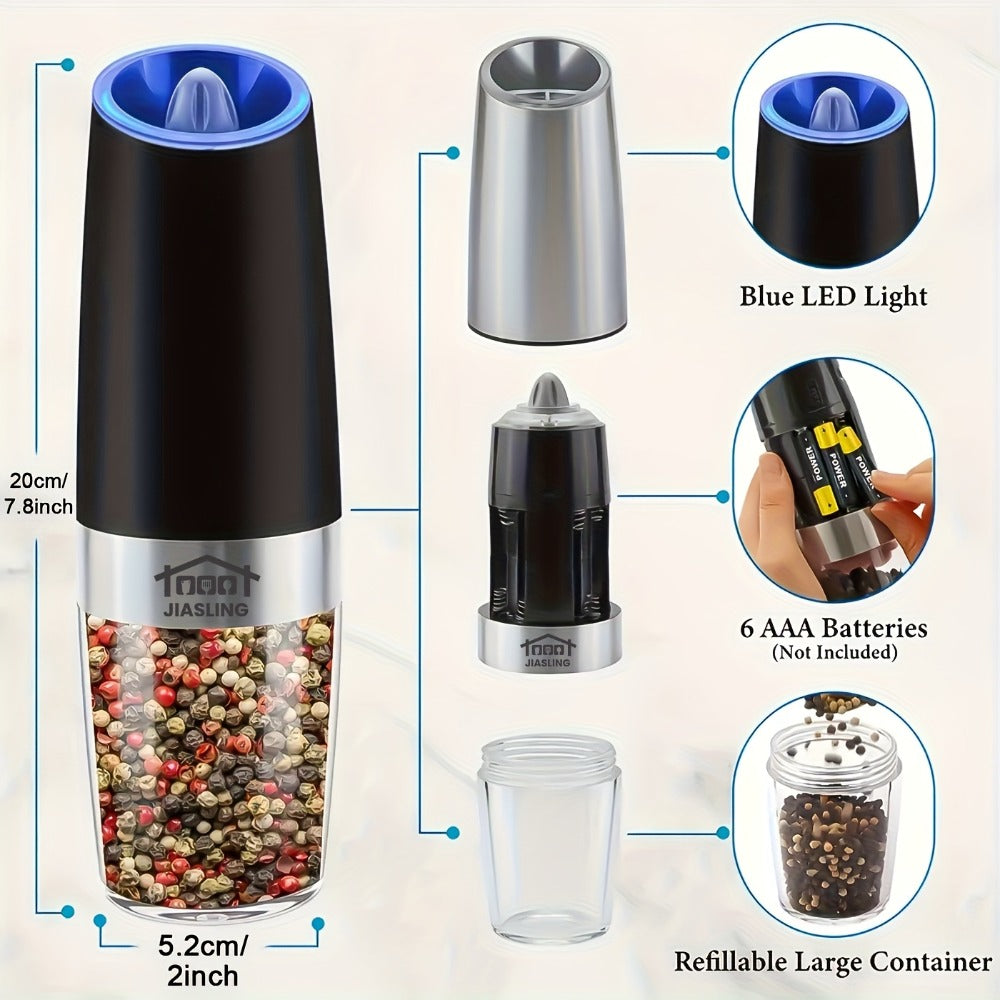 Electric Salt and Pepper Grinder Set 2PCS, Battery-Powered, LED Light, One-Handed Operation, Adjustable Coarseness