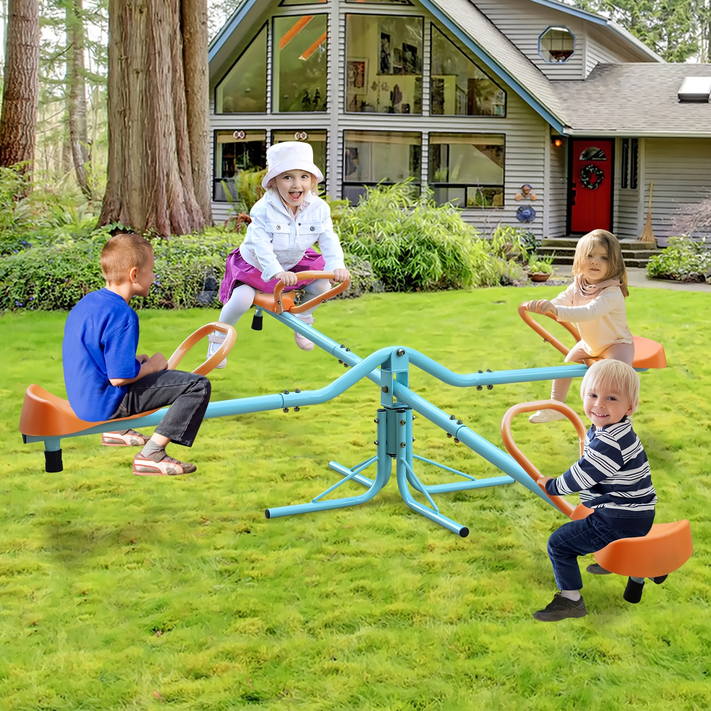 4-Seat Metal Seesaw for Kids Outdoor Backyard Playground – 360 Degree Rotating Teeter Totter with Three-Axle Swivel Design