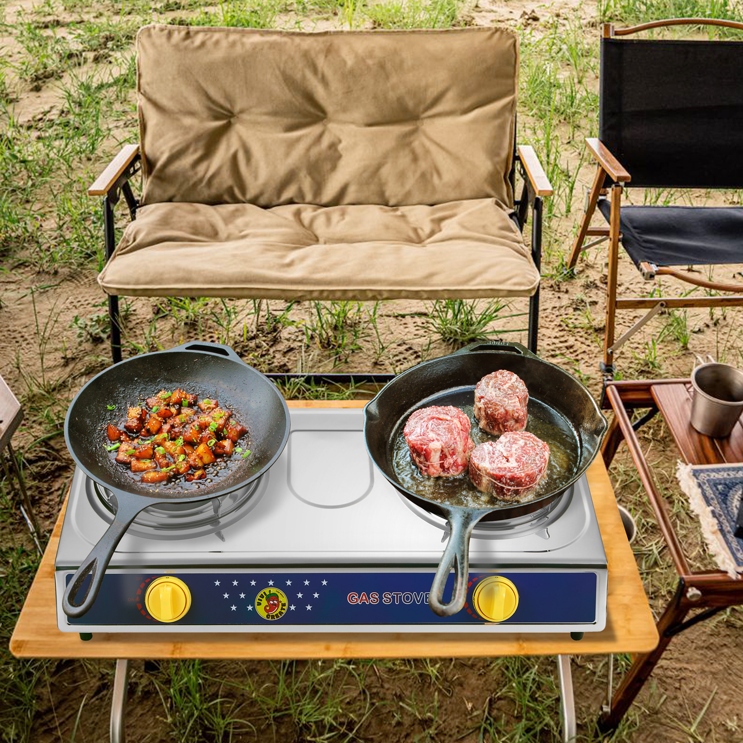Propane Camping Stove Single & Double Burner, Stainless Steel Gas Cooker with Auto Ignition for Outdoor Cooking
