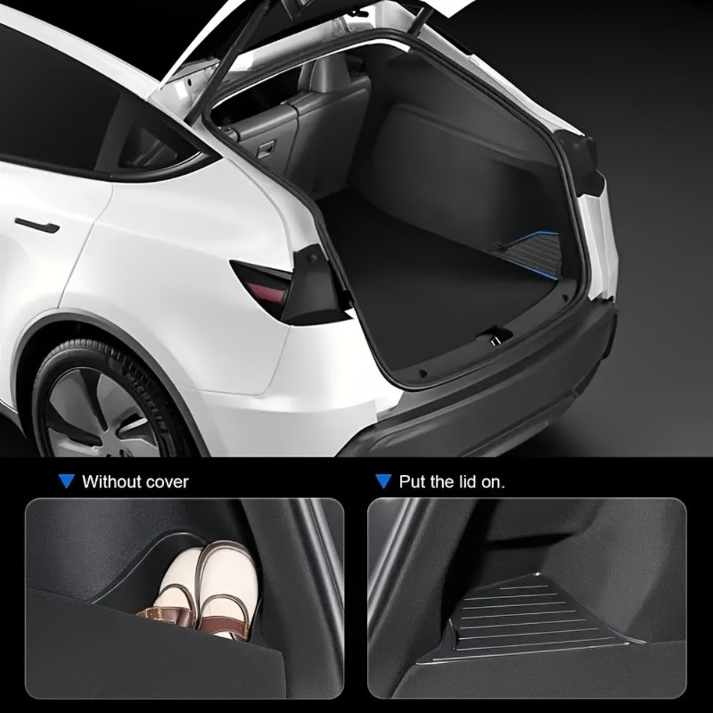 Car Trunk Organizer Side Storage Boxes for Tesla Model Y Juniper 2025 with Left/Right Black TPE Bins and Lids