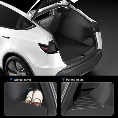 Car Trunk Organizer Side Storage Boxes for Tesla Model Y Juniper 2025 with Left/Right Black TPE Bins and Lids