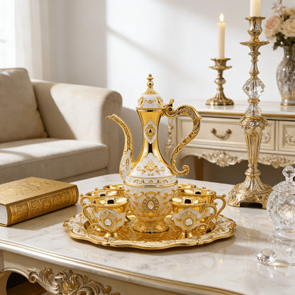 Vintage Turkish Coffee Tea Set – Zinc Alloy Teapot, 6 Cups & Tray | European Style Luxury Gift Set for Tea, Coffee & Cappuccino