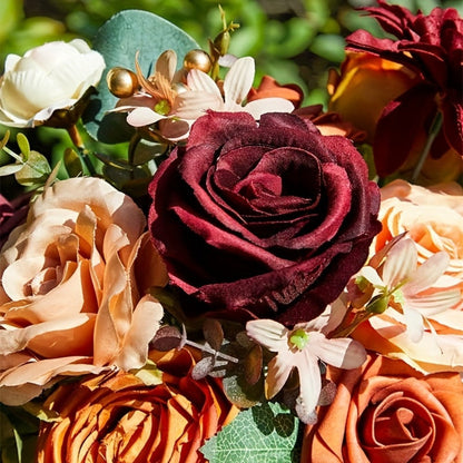 Artificial Flowers Foam Rose Bouquet with Orange, Wine Red and Blue Blooms plus Flexible Metal Stem