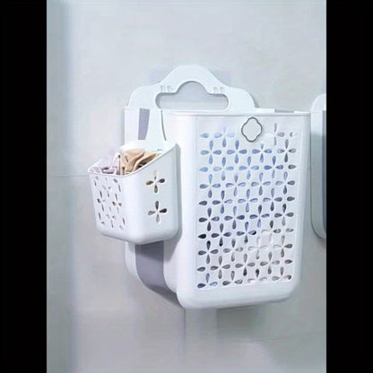 White Wall-Mounted Foldable Laundry Basket with Cutout Panels, Carry Handle and 39 cm Height