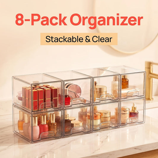 Clear Stackable Storage Drawers 8 Pack – Acrylic Bathroom Organizer Bins with Pull-Out Handle, BPA-Free Plastic Makeup Storage for Vanity