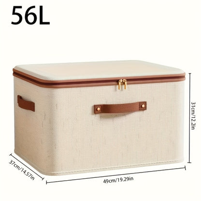 Foldable Storage Boxes with Lids 2-Pack, Large Linen Storage Baskets with Double Zippers & Leather Handles