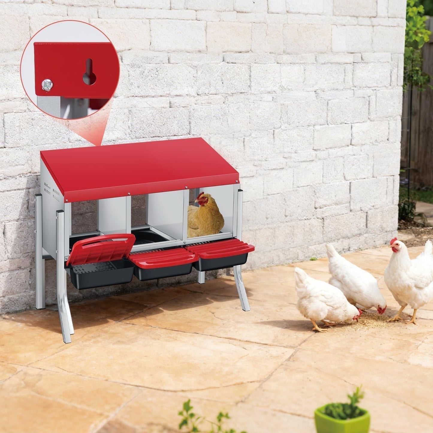 Chicken Nesting Box 3-Hole Metal Wall Mount, Auto Egg Collector Coop for Garden, Patio and Yard Use
