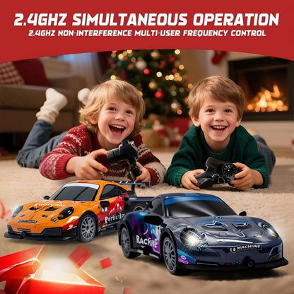Alloy RC Drift Car 1:24 Scale 4WD 28KM/H with Drift Tires LED Lights Barricades & 2 Batteries