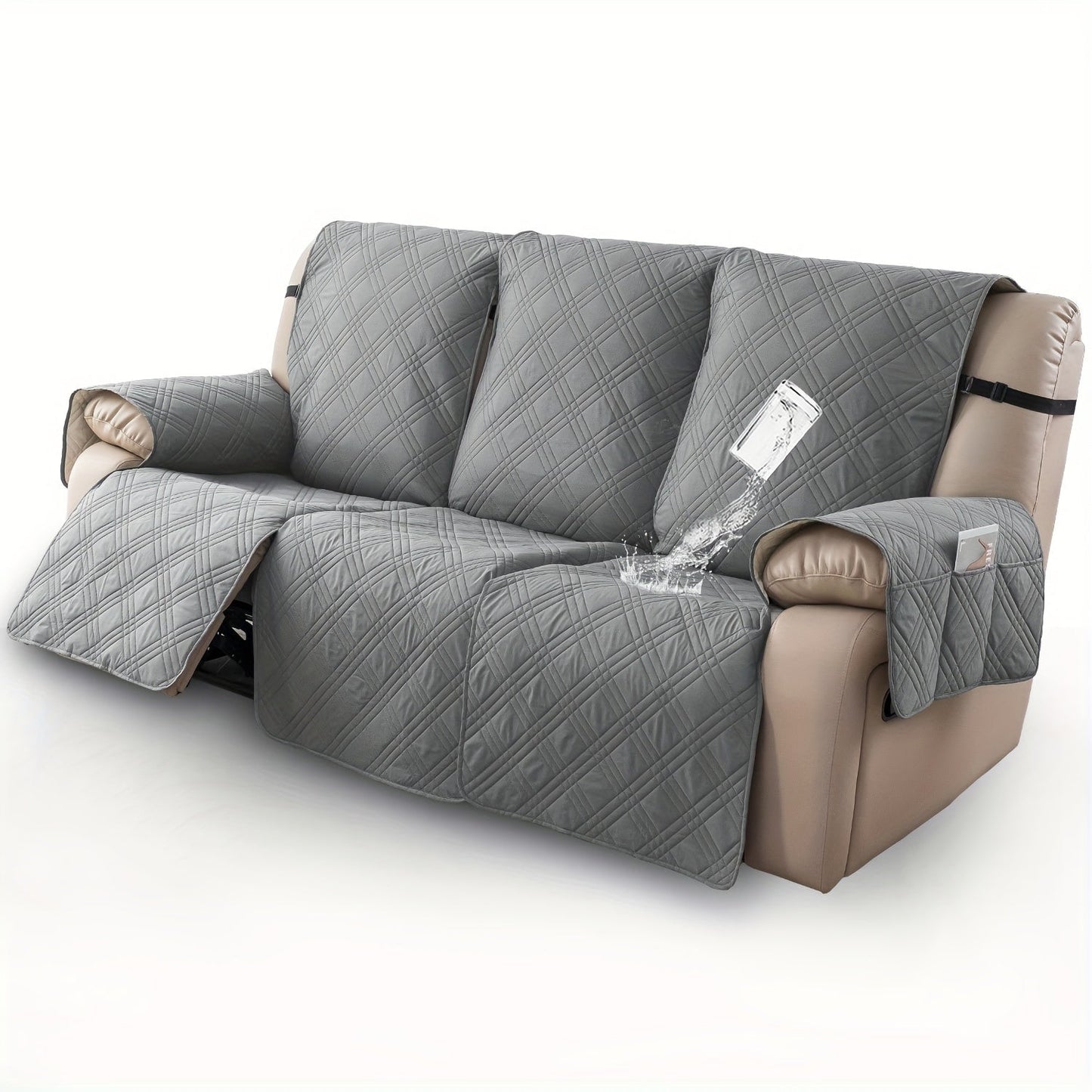 Three-Piece Quilted Recliner Sofa Cover Set for Three Seats with 65 cm Panels and Eight Colors