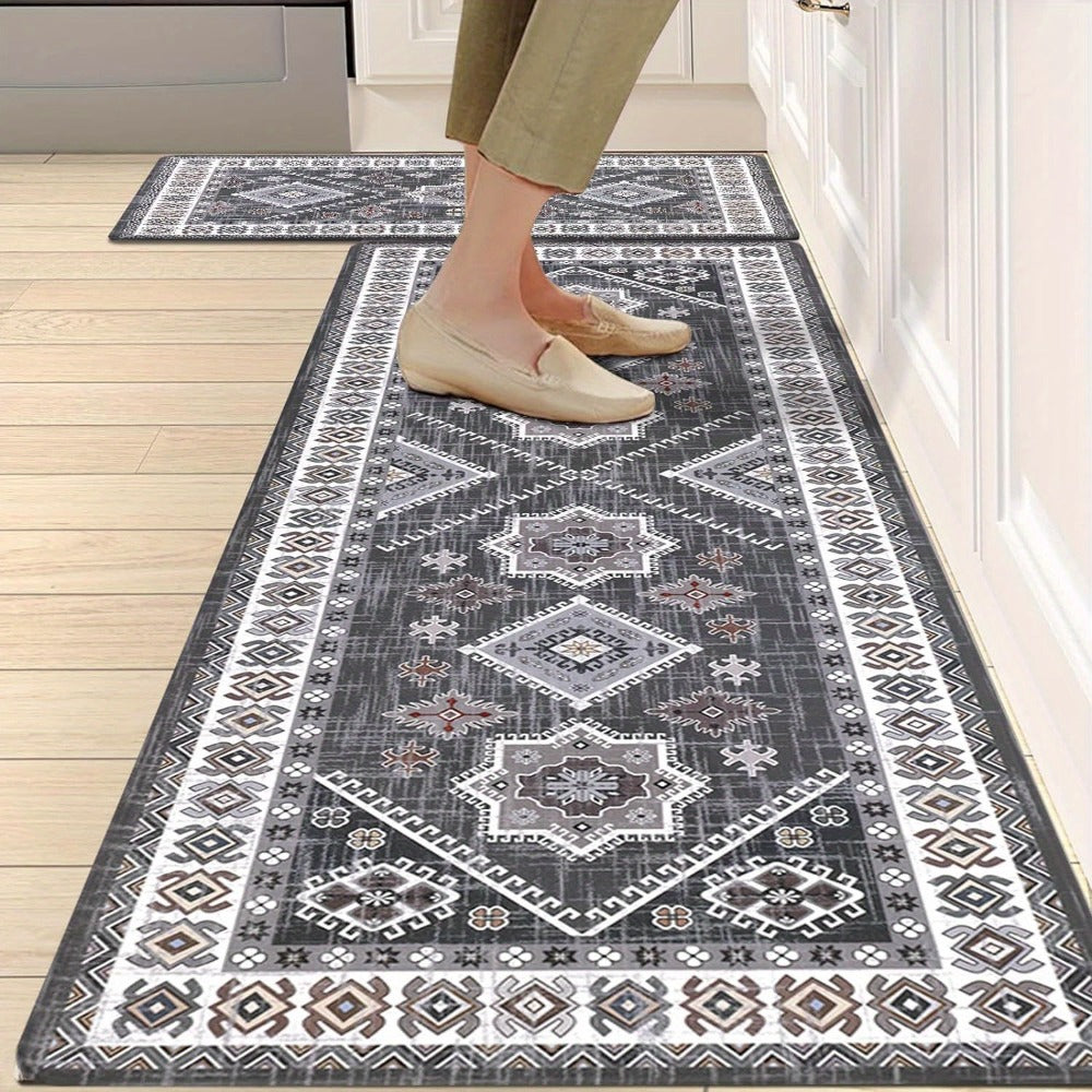 Kitchen Mat Set, 2-Piece Boho Distressed Cushioned Rugs in Five Color Patterns with 17.3x28 and 17.3x48-Inch Sizes