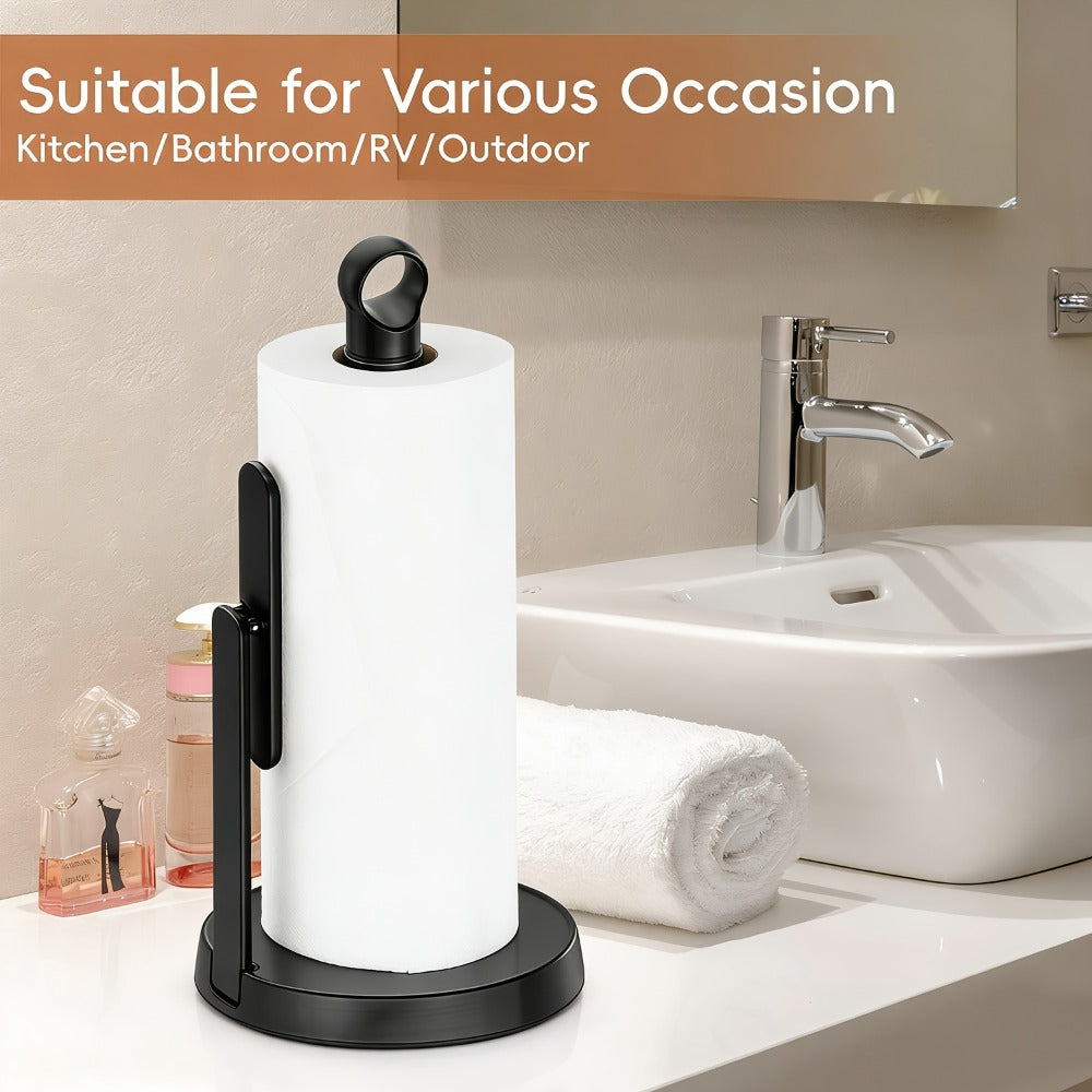 Paper Towel Holder Countertop – Stainless Steel Standing Dispenser with Tension Arm for One-Handed Tear